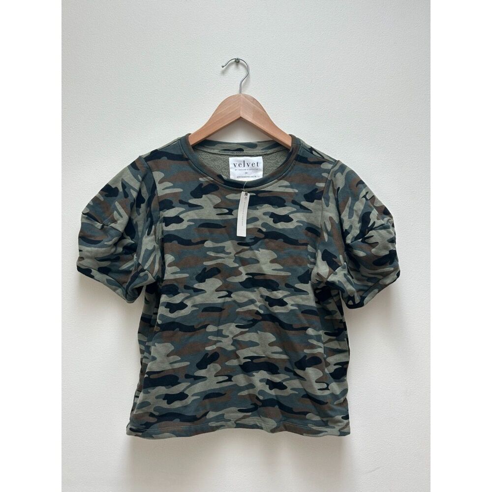 Anthropologie velvet Camo Puff Short Sleeve 100% Cotton Top NWT size S